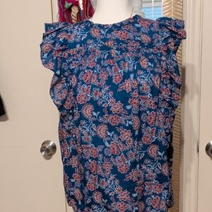 LOFT Blue Floral Ruffle Blouse